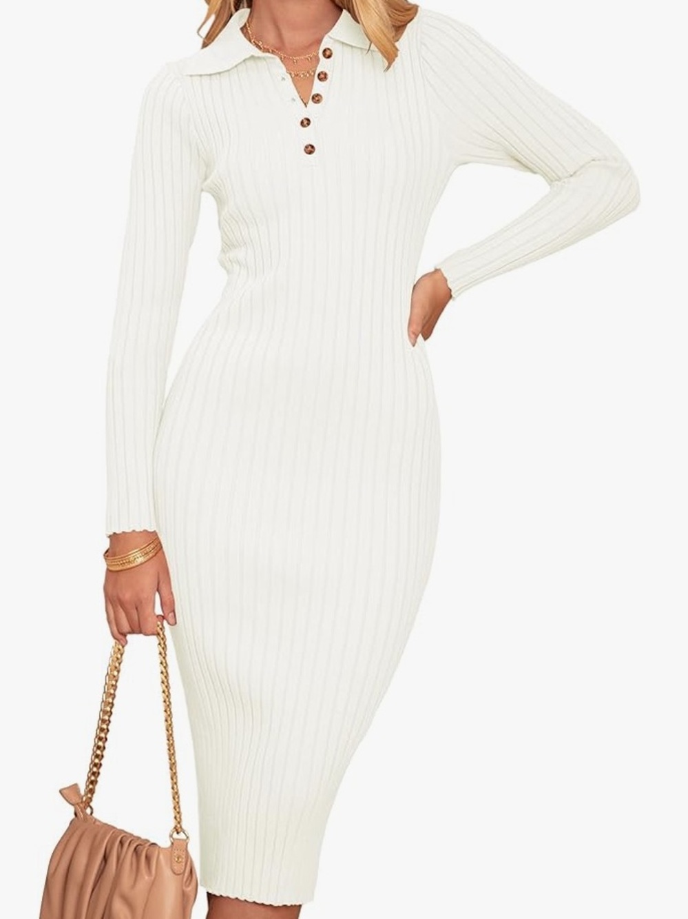 Merokeety‎ Womens V-Neck Ribbed Knit Sweater Dress Long Sleeve Bodycon Midi